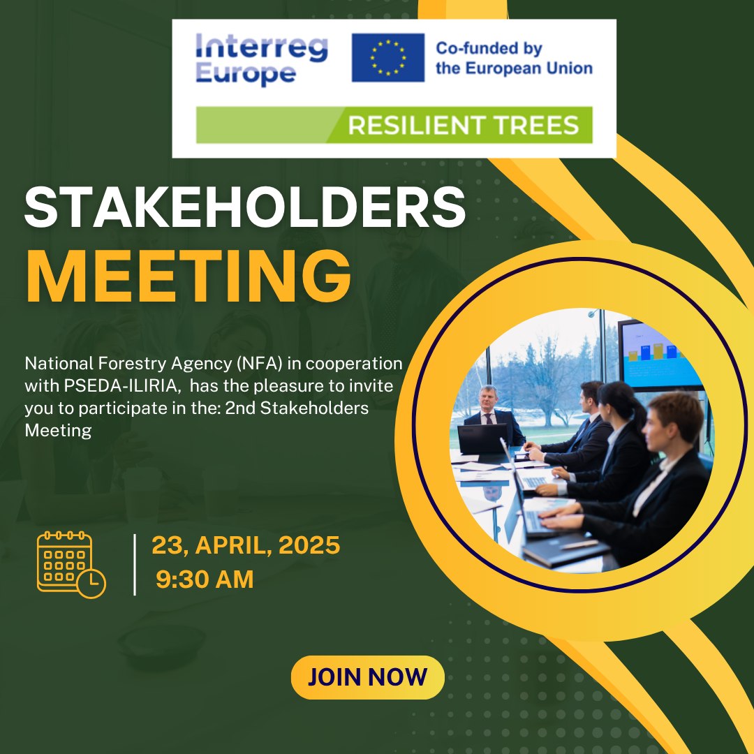 Agjencia Kombëtare e Pyjeve, në bashkëpunim me PSEDA-ILIRIA, organizon më 23 Prill 2026, në Tiranë, Takimin e Dytë me Palët e Interesuara, në kuadër të projektit RESILIENTREES (Interreg Europe)